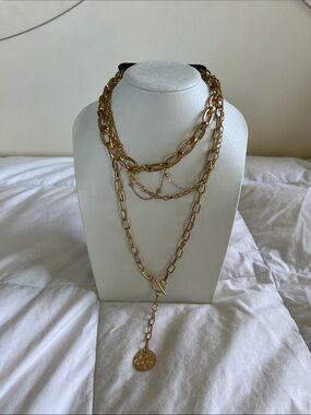 NWT Windsor Layered Gold Link Necklace with Coin Charm